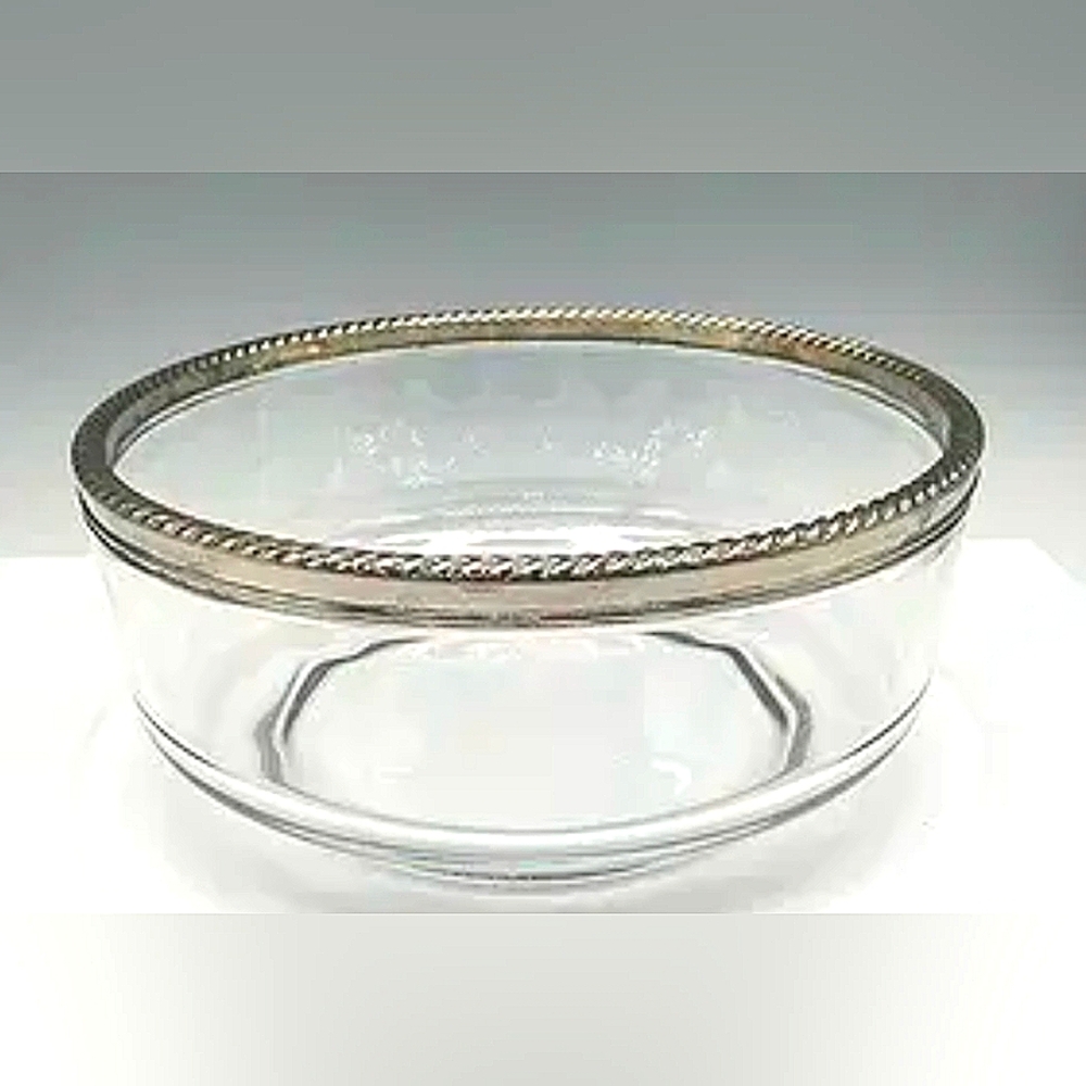 70s Vintage 9" Bormioli Glass Serving Bowl trimmed in Braided Silver Plate